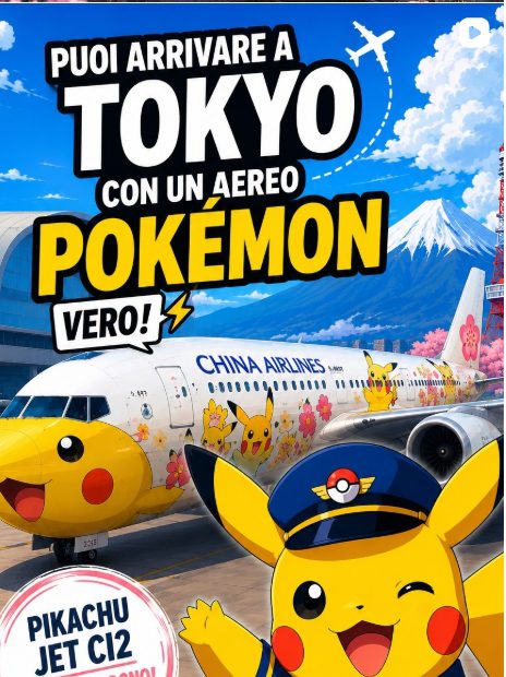 Foto di copertina dal feed Instagram con l'ereo a tema Pokemon della China Airlines, con la scritta "Puoi arrivario a Tokyo con un aereo Pokemon vero!