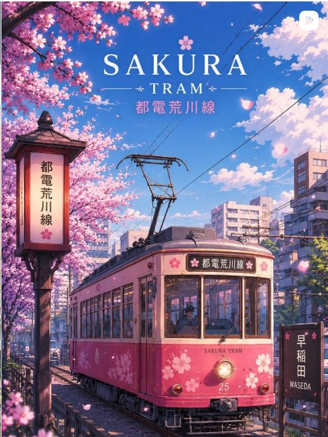 Foto di copertina dal feed Instagram con il Sakura Tram, circondato da alberi di ciliegio, in versione anime con la scritta "Sakura Tram"