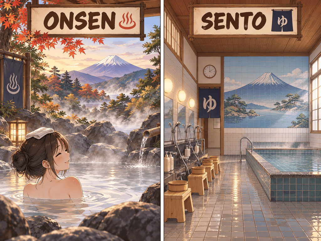 Immagine di confronto fra onsen e sento. sulla sinistra onsen immerso nella natura, sulla destra la vasca di un sento