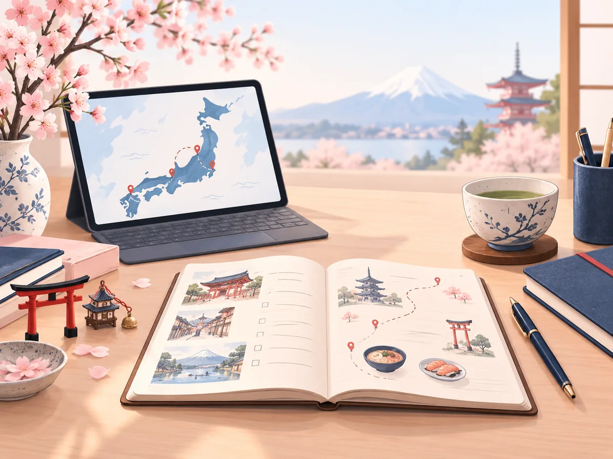 Pianificazione di un viaggio in Giappone con mappa, itinerario e appunti di viaggio