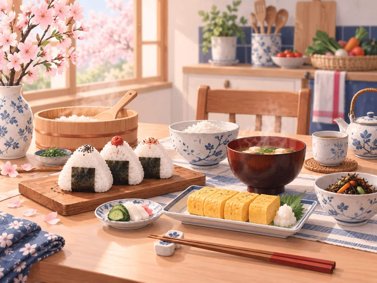 Piatti della cucina casalinga giapponese con onigiri, tamagoyaki, riso e zuppa di miso