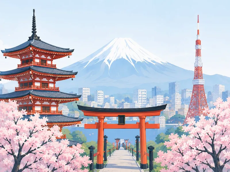 Immagine anime con un Torii al centro, il Monte fuji, una pagoda e la Tokyo Tower