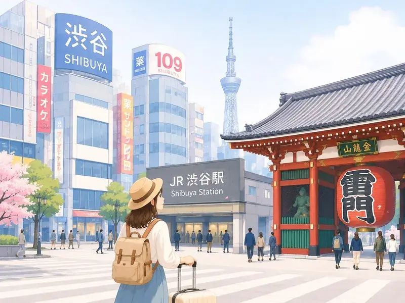 Immagine versione anime con ragazza con la valigia alla stazione di Shibuya
